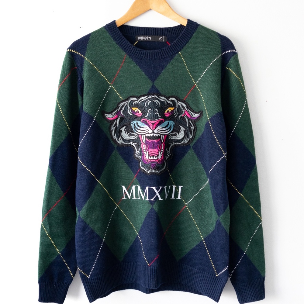 Mens Hudson Outerwear Size Large Argyle Embroidered Panther MMXVII Sweater